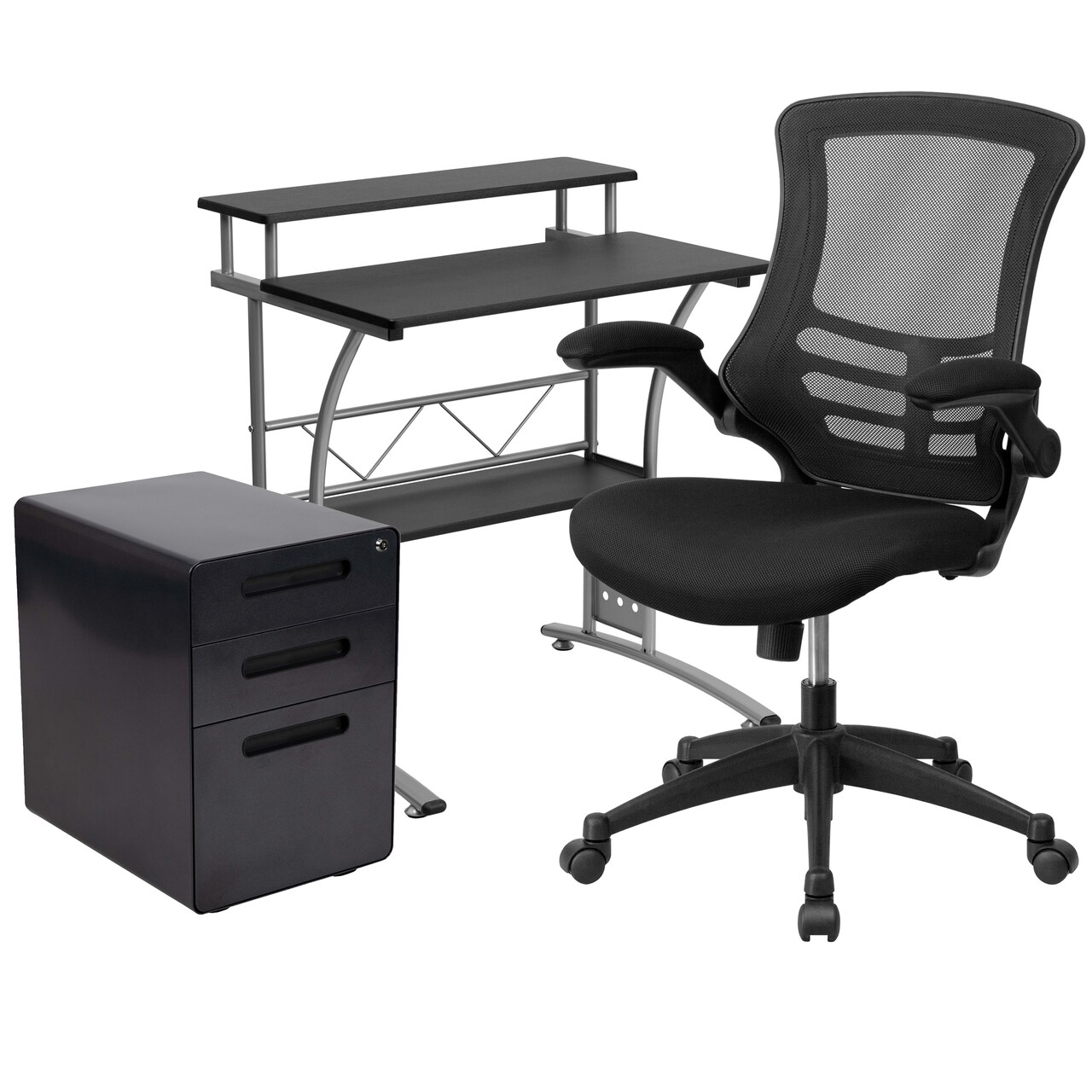 Emma and Oliver Work From Home Kit-Computer Desk, Ergonomic Mesh Office Chair, Filing Cabinet